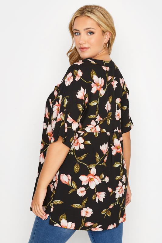 Plus Size Black Floral Print V-Neck Shirt | Yours Clothing  3
