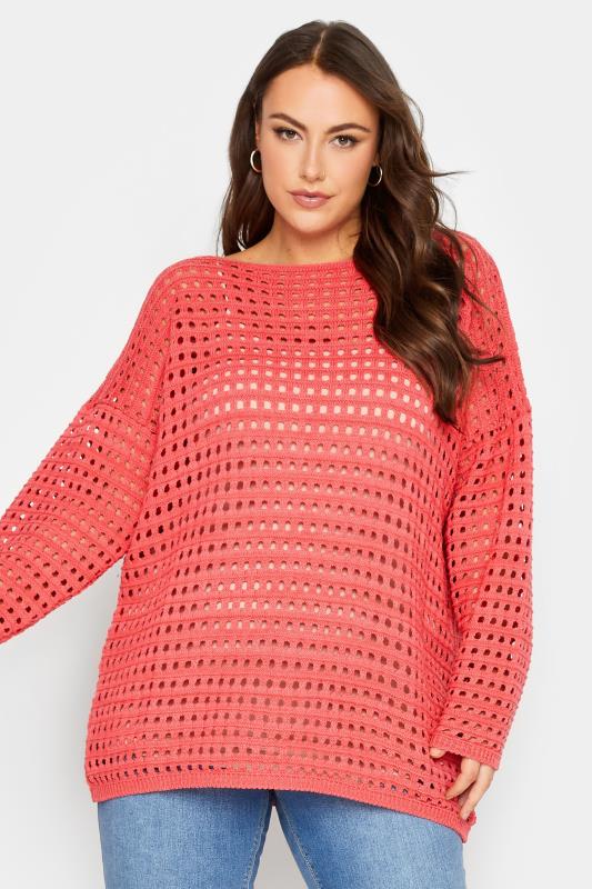 Plus Size  YOURS Curve Pink Crochet Tunic Jumper