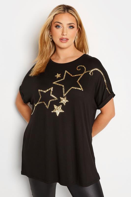 Curve Plus-Size Black & Gold Sequin Star T-Shirt | Yours Cloting 4