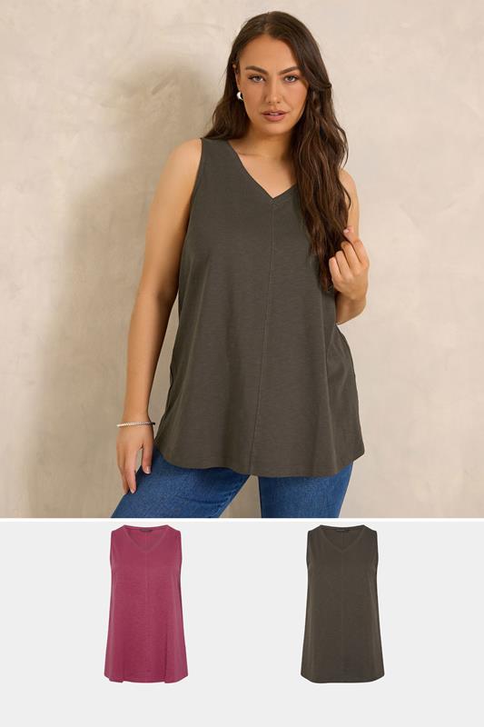  EVANS Curve 2 Pack Brown & Berry Red Cotton Vest Tops