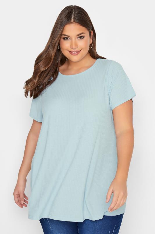 Plus Size Light Blue Ribbed Swing Top | Yours Clothing 1