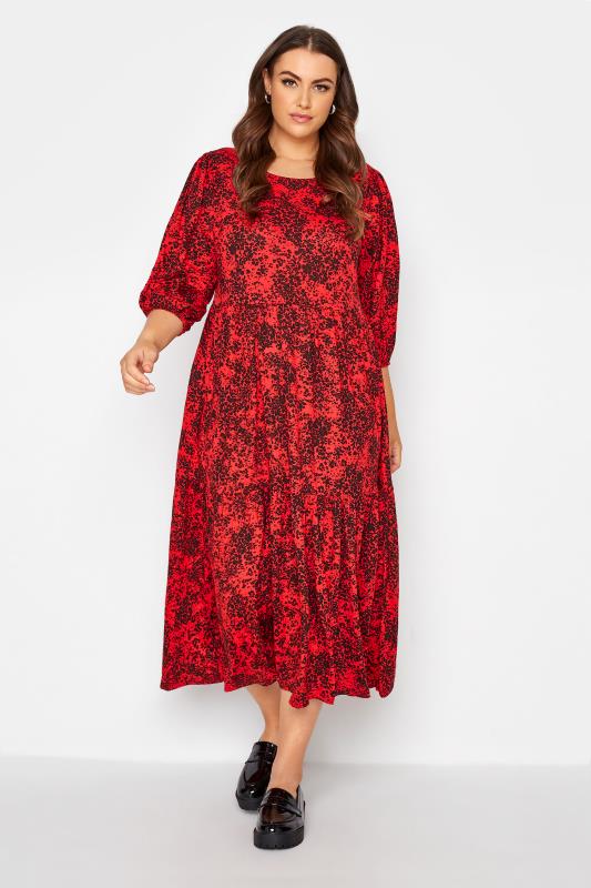Plus Size  Red Floral Print Midaxi Dress