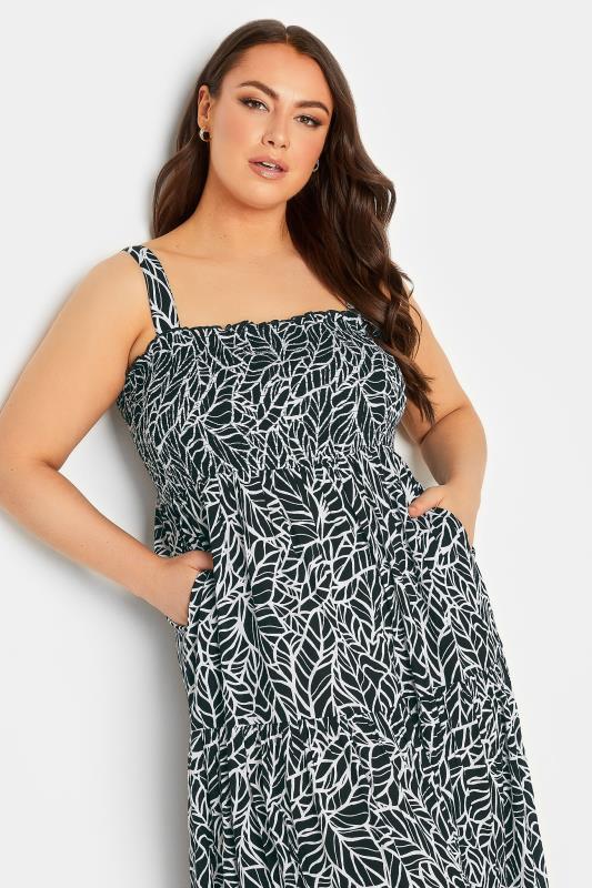 YOURS Plus Size Black Leaf Print Shirred Maxi Dress | Yours Clothing 4