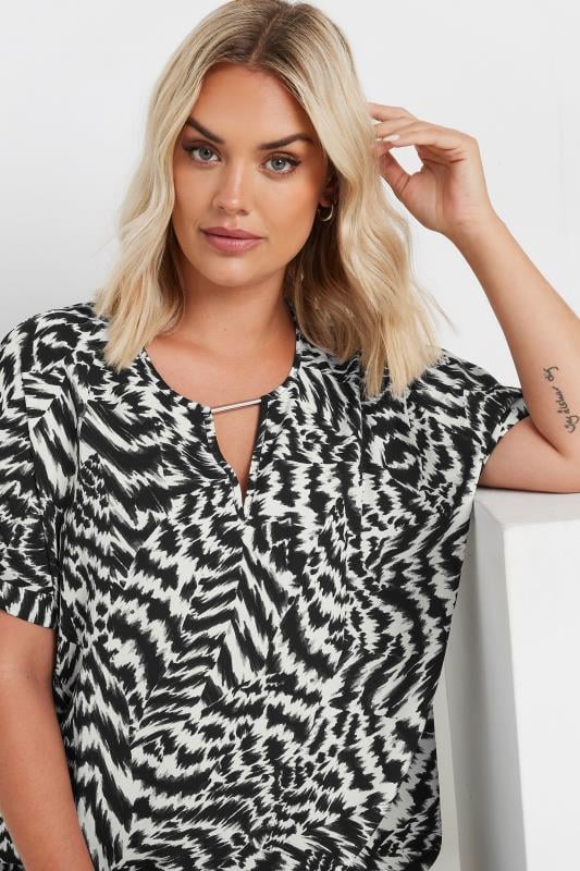 YOURS Plus Size Black & White Abstract Print Notch Neck Blouse | Yours Clothing  4