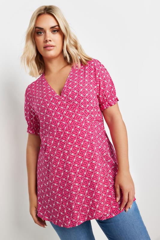 YOURS Plus Size Pink Wrap Frill Sleeve Blouse | Yours Clothing 1