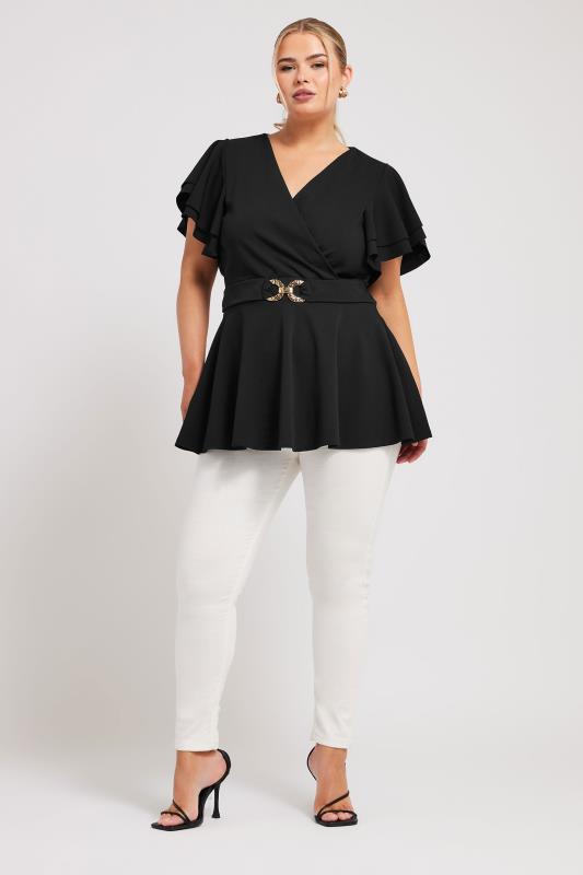 YOURS LONDON Plus Size Black Buckle Detail Peplum Top | Yours Clothing 2