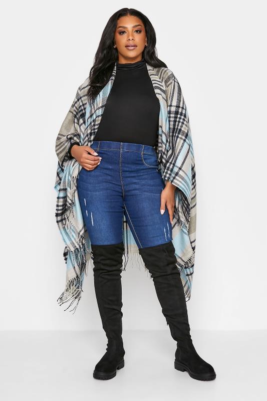Plus Size  Blue Checked Knitted Wrap Shawl