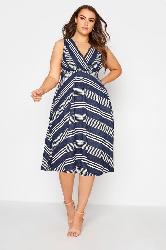 Plus Size  Blue Stripe Wrap Skater Dress