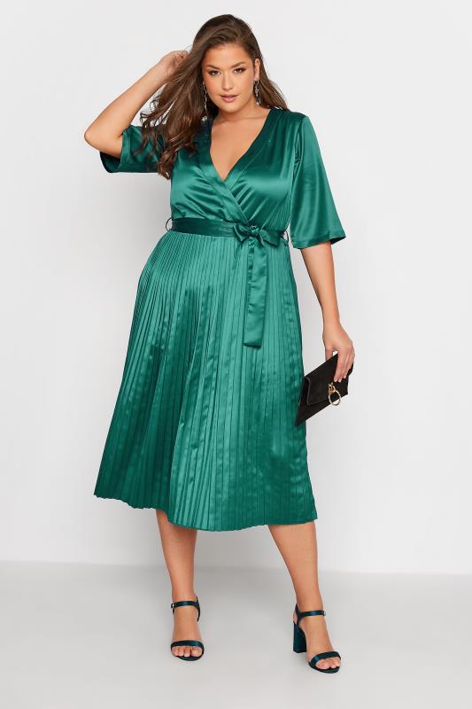  YOURS LONDON Curve Green Satin Pleated Wrap Dress
