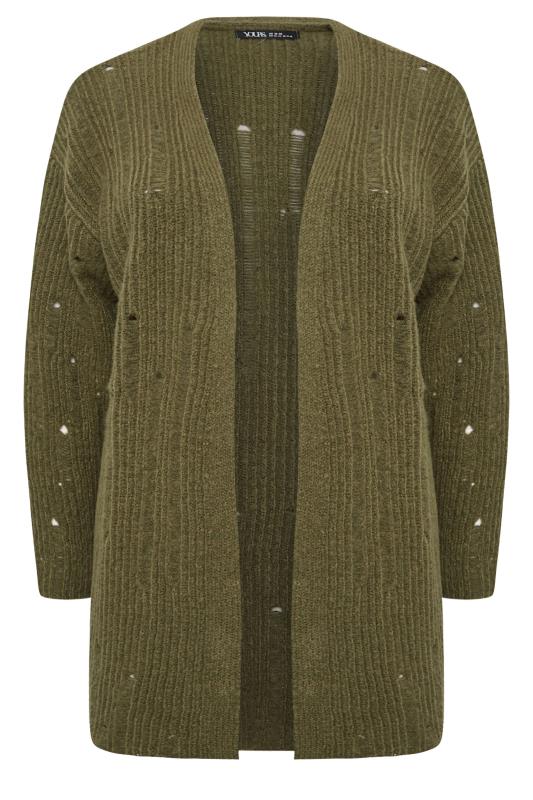 YOURS Plus Size Khaki Green Distressed Knit Cardigan | Yours Clothing 6