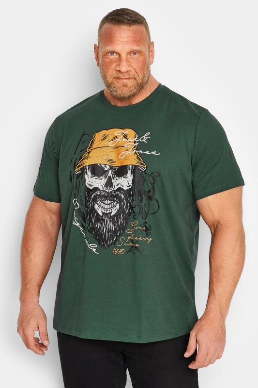 JACK & JONES Big & Tall Mens Green Bucket Hat Skeleton Print T-Shirt | BadRhino 1