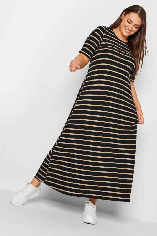 YOURS Curve Plus Size Black Ribbed Stripe Swing Maxi Dress | Yours Clothing  2
