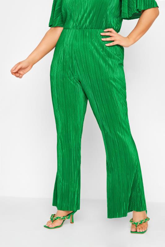 LIMITED COLLECTION Curve Bright Green Plisse Kick Flare Trousers_A.jpg