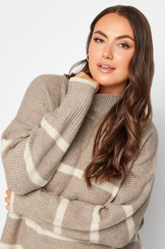 YOURS Curve Plus Size Beige Brown Stripe High Neck Knitted Jumper 4