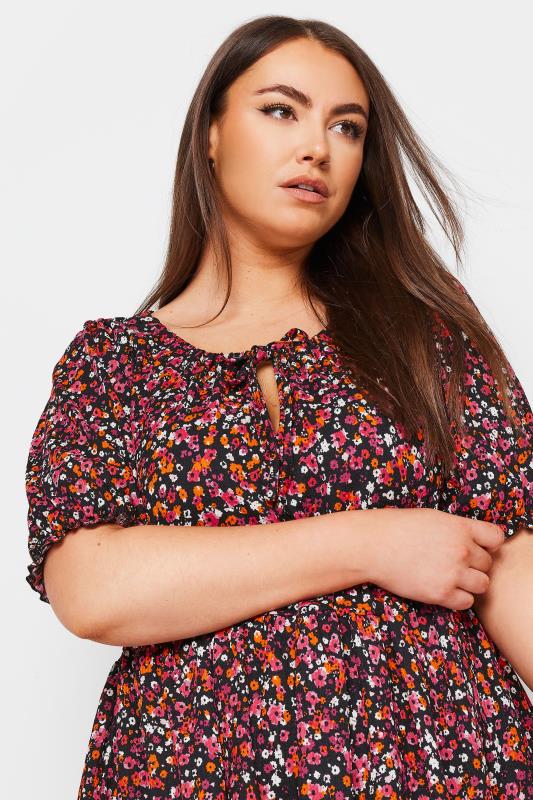 YOURS Plus Size Black Ditsy Floral Print Textured Smock Dress | Yours Clothing 4