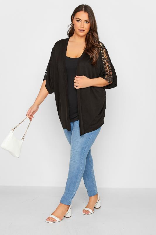 YOURS Plus Size Black Crochet Sleeve Kimono | Yours Clothing 6