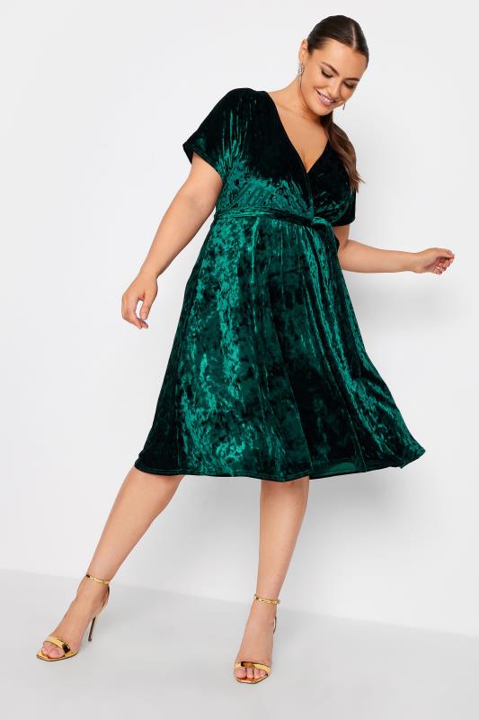 Plus Size  YOURS LONDON Curve Emerald Green Velvet Wrap Skater Dress