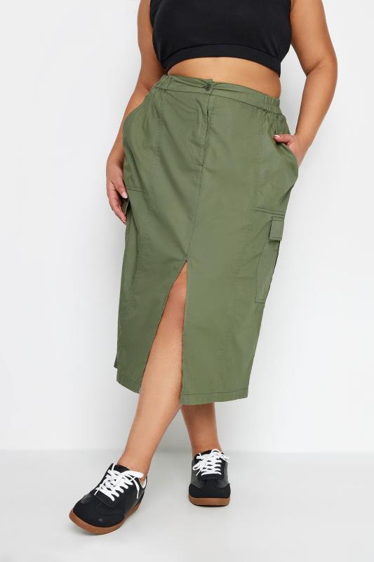 Plus Size  YOURS Curve Khaki Green Split Hem Cargo Midi Skirt