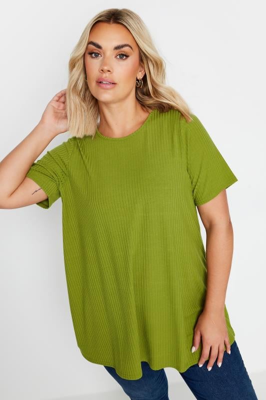 YOURS Plus Size Green Ribbed Short Sleeve T-Shirt | Yours Clothing 1