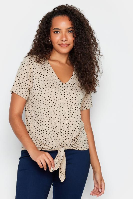 Women's  M&Co Beige Brown Spot Print Tie Detail T-Shirt