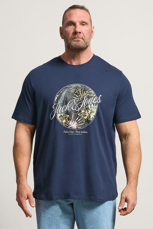 JACK & JONES Big & Tall Navy Blue Shape Print T-Shirt | BadRhino 1