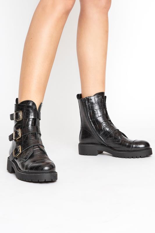 LTS Black Leather Croc Buckle Strap Boots In Standard D Fit | Long Tall Sally 1