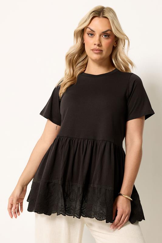  YOURS Curve Brown Broderie Anglaise Trim Peplum Top