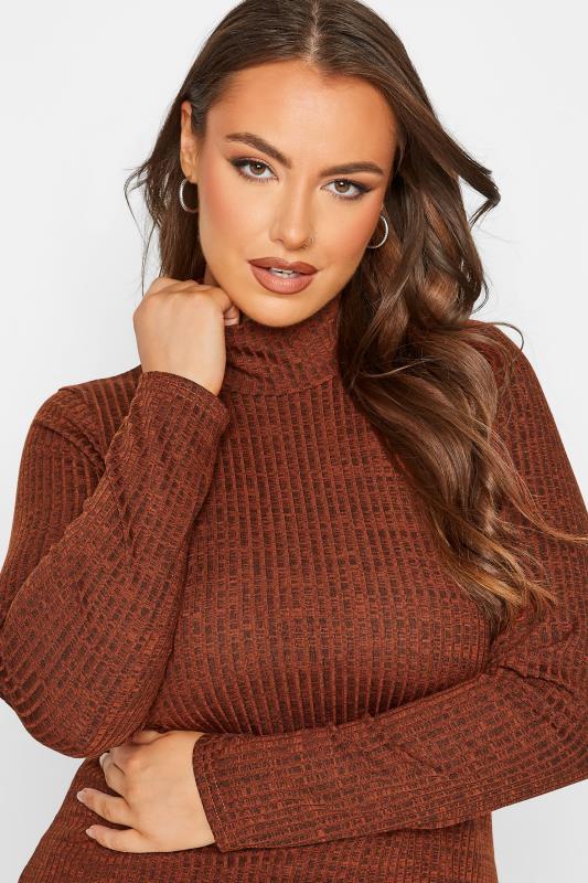 Curve Dark Orange Ribbed Long Sleeve Turtle Neck Top | Yours Clothing 5