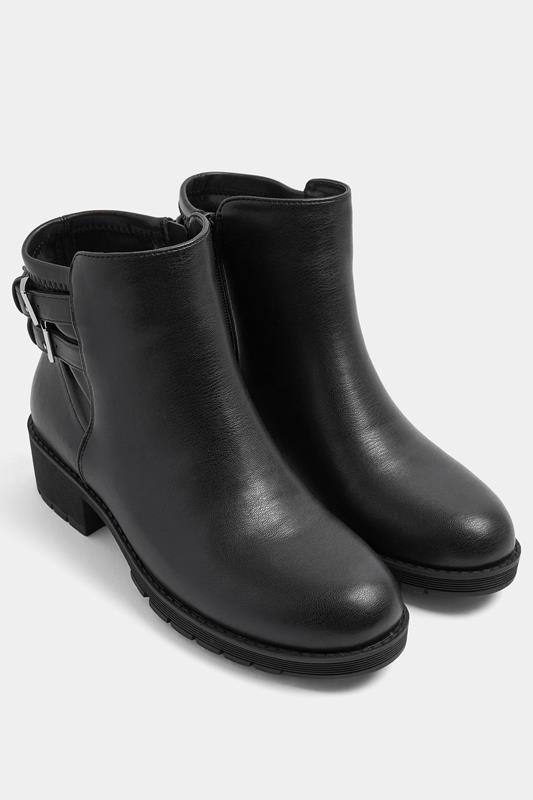  Black Double Buckle Faux Leather Chelsea Boots In Wide E Fit
