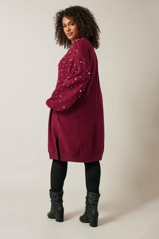 EVANS Plus Size Burgundy Red Pearl Embellished Soft Touch Jumper Dress | Evans 3