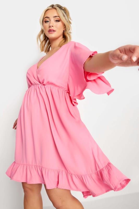 Plus Size  LIMITED COLLECTION Curve Pink Frill Sleeve Wrap Tunic Dress