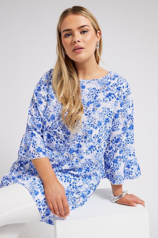 YOURS LONDON Plus Size Blue Floral Print Flute Sleeve Tunic | Yours Clothing 1