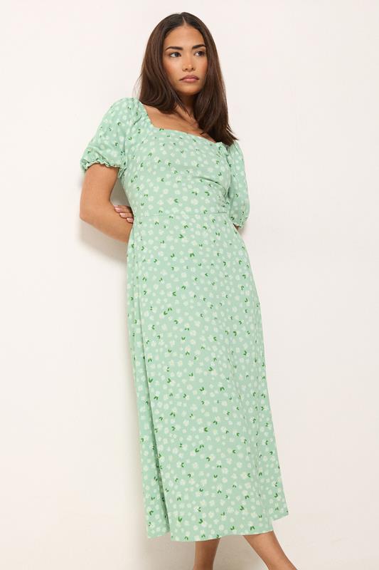 PixieGirl Petite Women's Light Green Daisy Puff Sleeve Midi Dress | PixieGirl 1