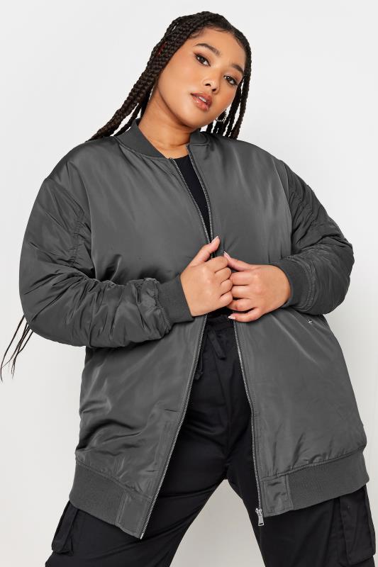 Plus Size  YOURS Curve Charcoal Grey Longline Bomber Jacket