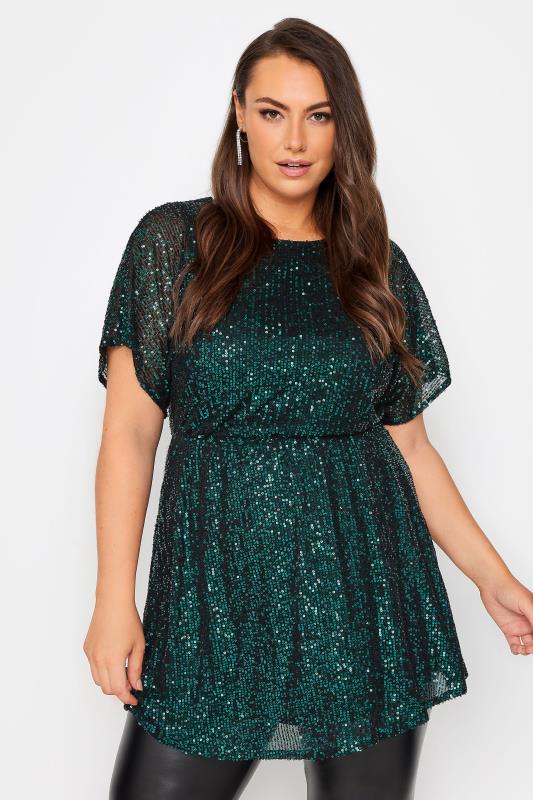 YOURS LONDON Plus Size Dark Green Sequin Peplum Top | Yours Clothing 1