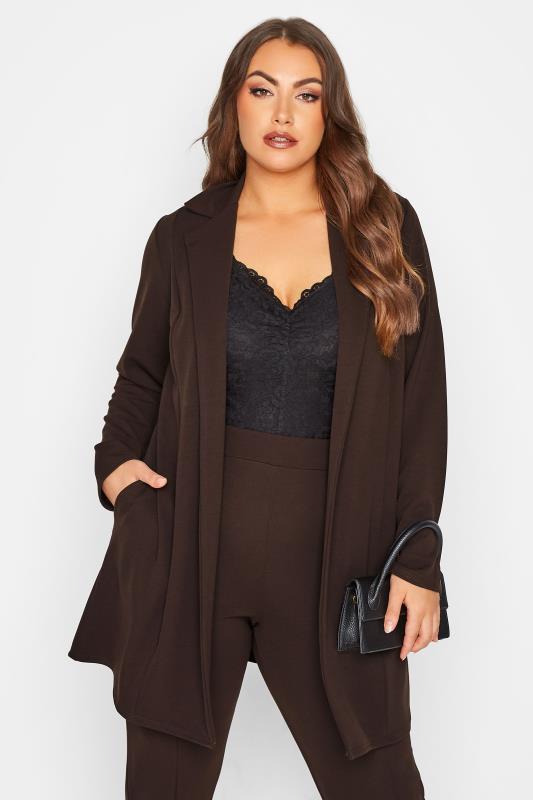 LIMITED COLLECTION Plus Size Chocolate Brown Longline Blazer | Yours Clothing 1