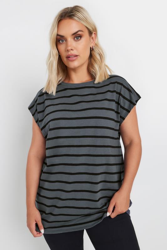 YOURS Plus Size Charcoal Grey Stripe Grown On Sleeve T-Shirt | Yours Clothing  3