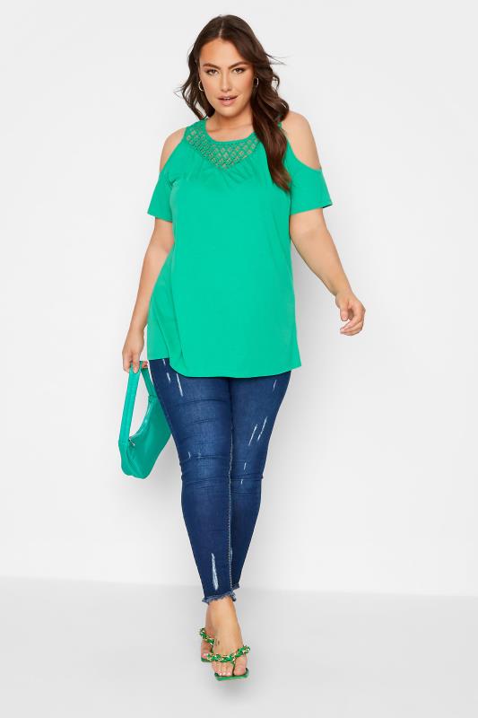 Curve Bright Green Lace Detail Cold Shoulder Top 2