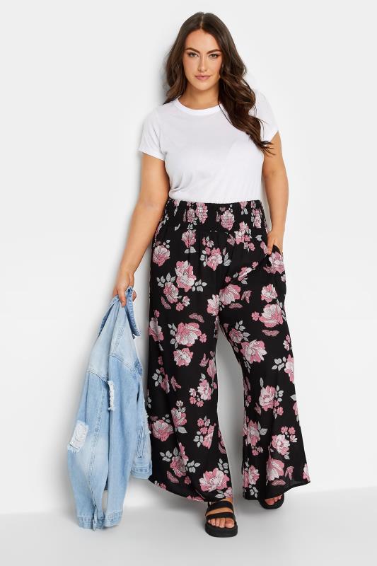YOURS Plus Size Black Butterfly Print Shirred Waist Wide Leg Trousers | Yours Clothing 2