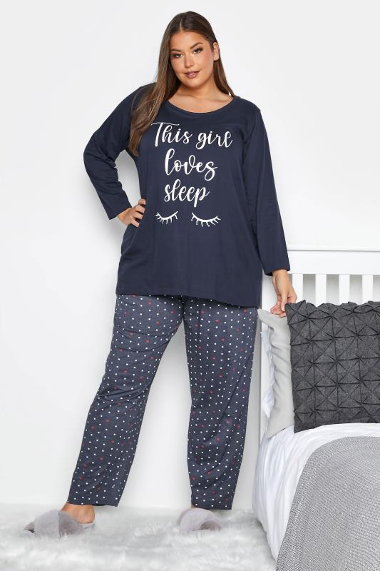 Curve Navy Blue 'This Girl Loves Sleep' Slogan Pyjama Top 2