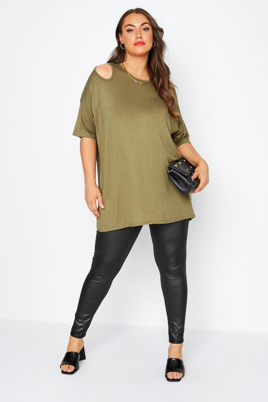 LIMITED COLLECTION Plus Size Khaki Green Cut Out Sleeve Oversized T-Shirt | Yours Clothing 2