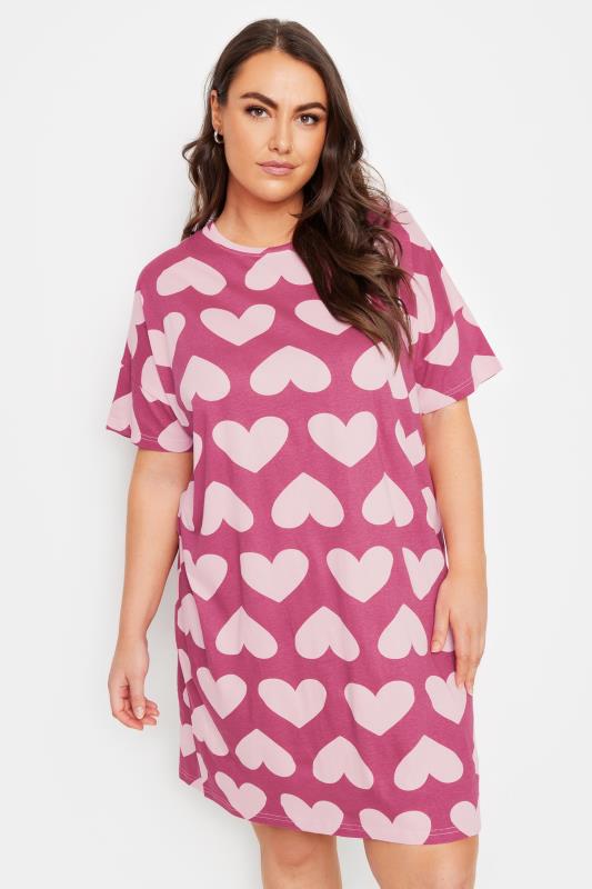 YOURS Plus Size Pink Heart Print Sleep Tee Nightdress | Yours Clothing  2