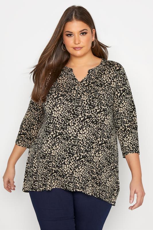 Plus Size Beige Brown Animal Print V-Neck Zip Top | Yours Clothing 1