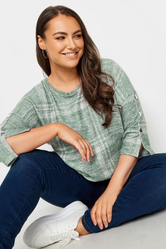 YOURS Plus Size Green Check Soft Touch Button Detail Top | Yours Clothing 4