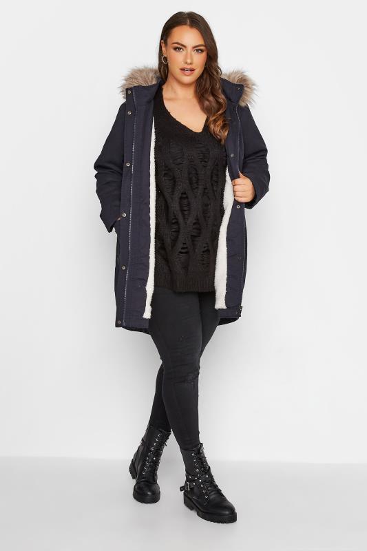 Curve Navy Blue Faux Fur Lined Hooded Parka 3