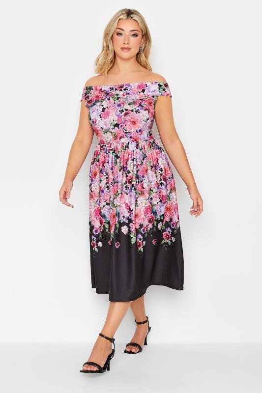 YOURS PETITE Plus Size Curve Black Floral Border Bardot Dress | Yours Clothing  1