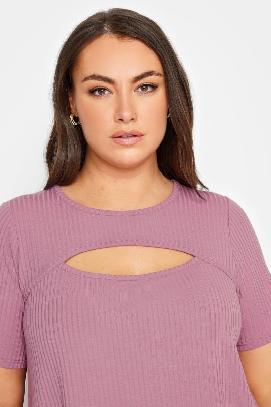 YOURS Plus Size Pink Ribbed Cut Out T-Shirt | Yours Clothing 4