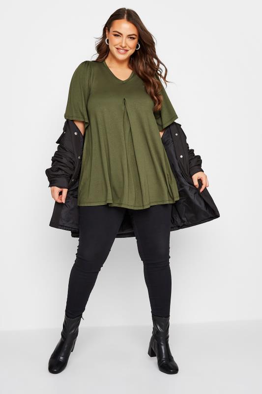 Plus Size Khaki Green Pleat Angel Sleeve Swing Top | Yours Clothing 2