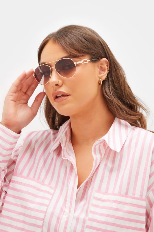 Plus Size Gold Tone Rectangle Arm Aviator Sunglasses | Yours Clothing 1