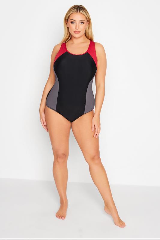 Plus Size Black Colour Block Active Swimsuit | Yours Clothing 2